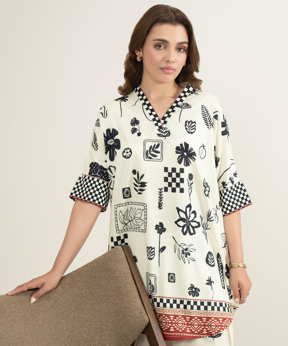 Women's RTW Cotton Viscose Printed Off White Drop Shoulder Shirt