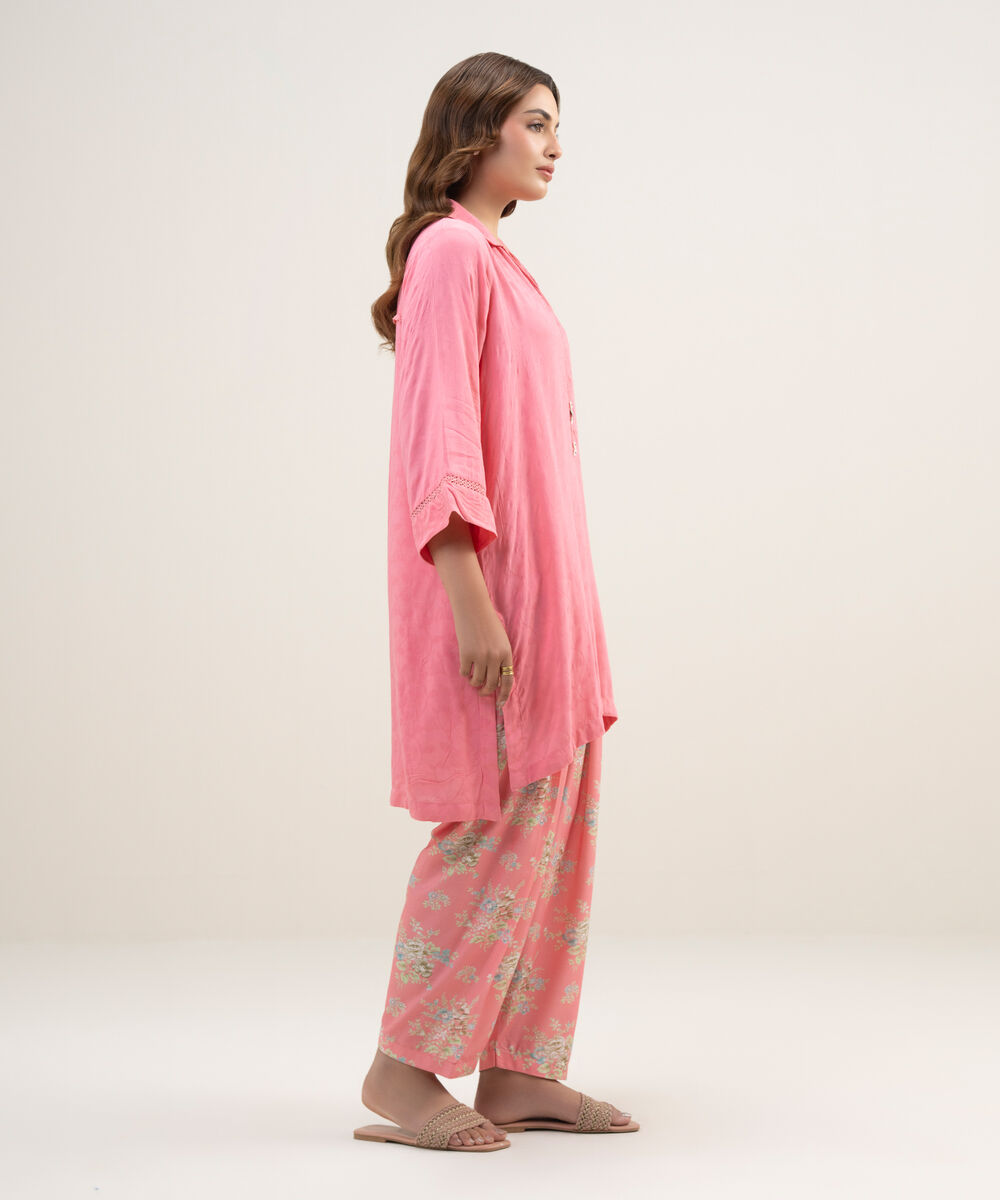 Women's RTW Arabic Self Jacquard Solid Pink Straight Shirt