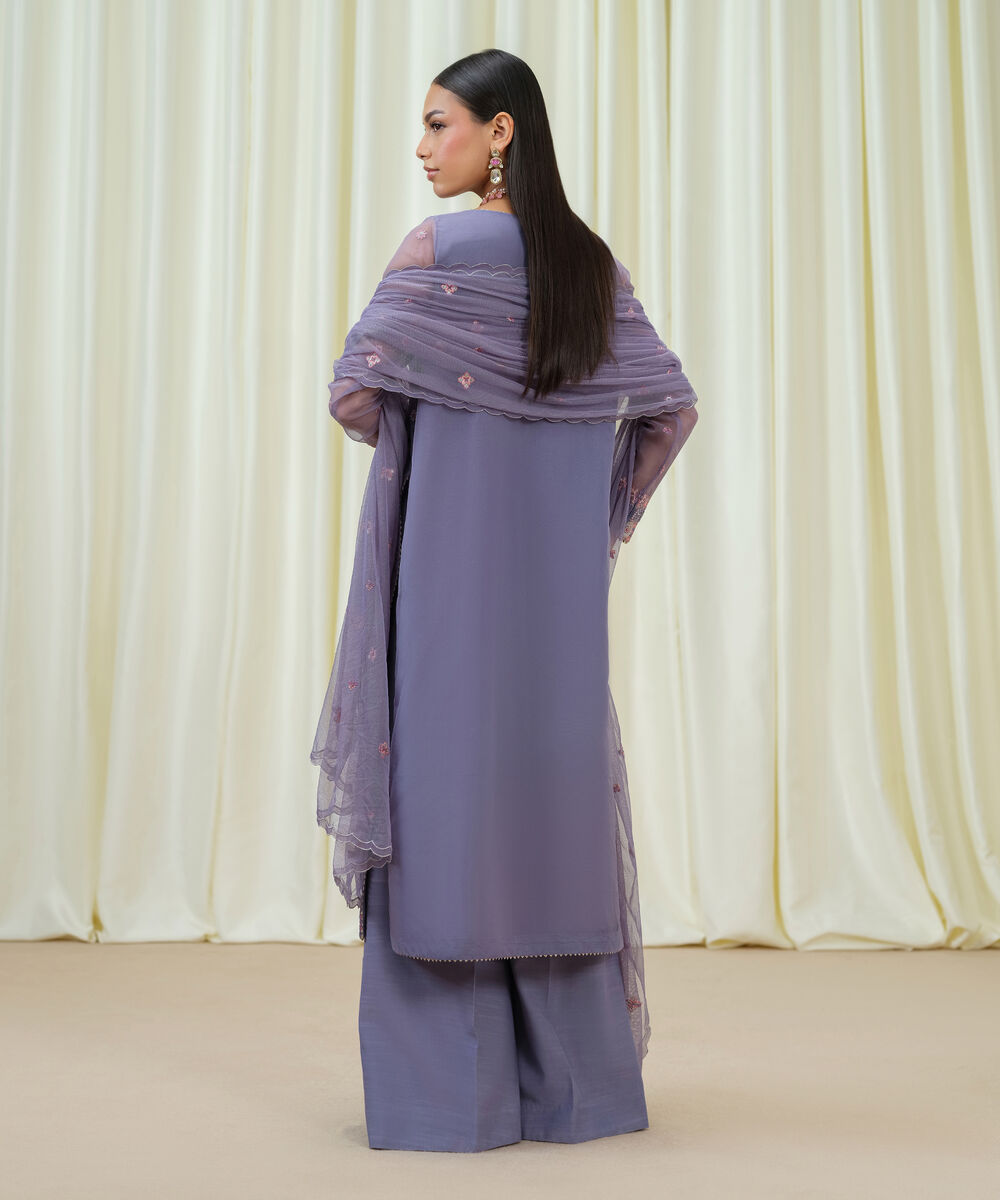 Women's Unstitched Blended Organza Embroidered Grey 3 Piece Suit