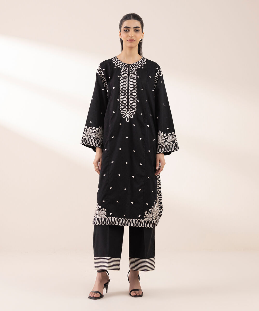 Women's RTW Dobby Black Embroidered Boxy Shirt