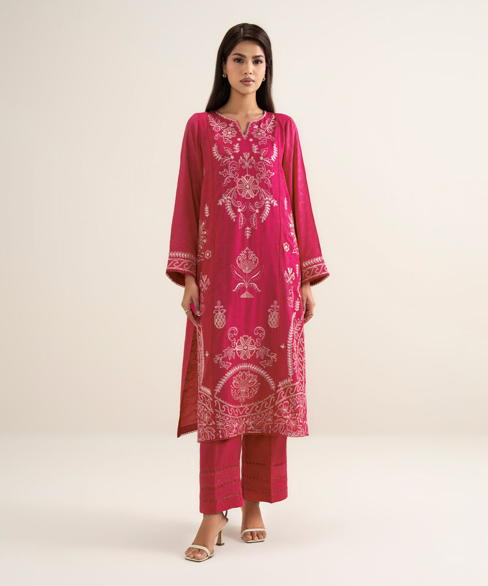 Women's RTW Arabic Self Jacquard Embroidered Pink A-Line Shirt