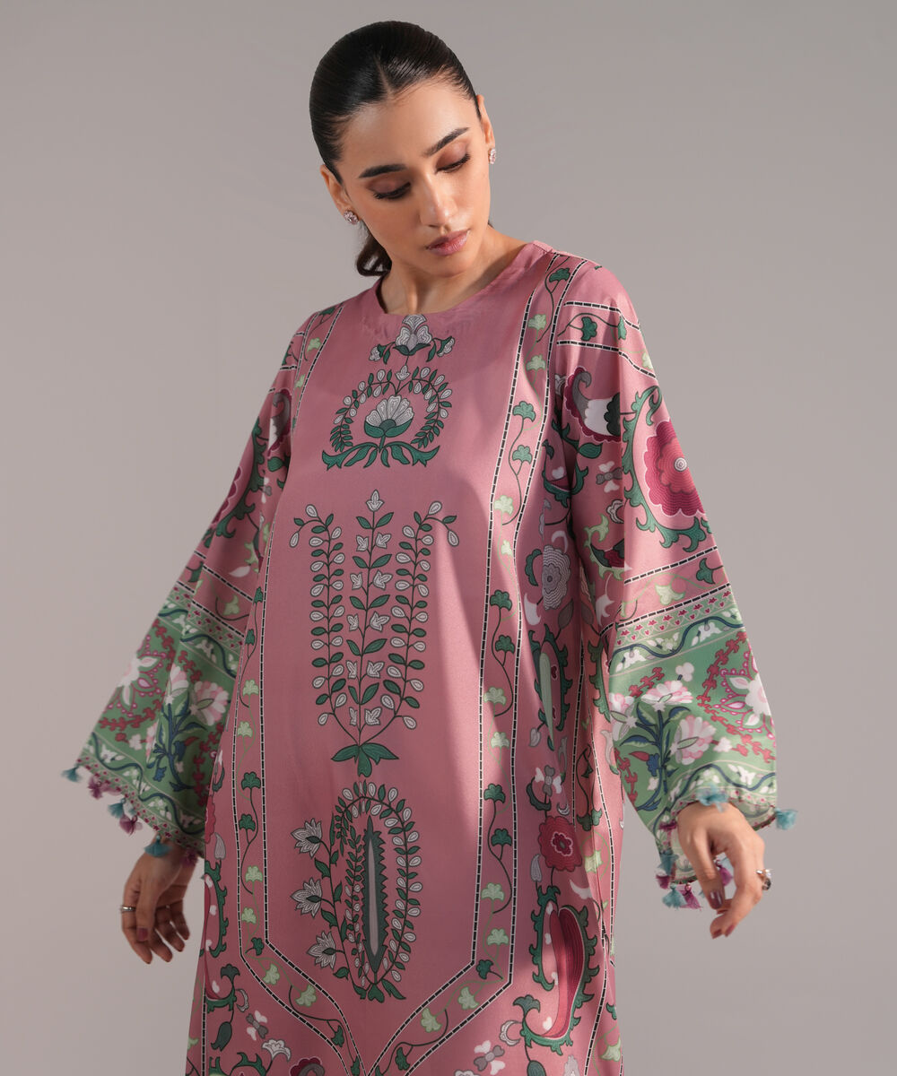 Women's RTW Blended Grip Silk Printed Pink A-Line Shirt