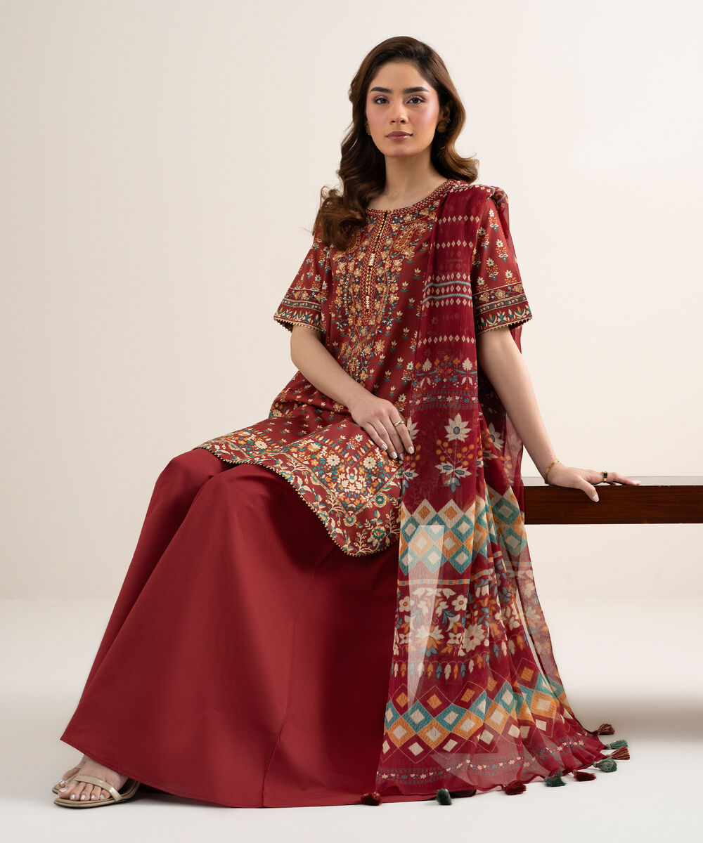Women's Unstitched Lawn Embroidered Red 3 Piece Suit