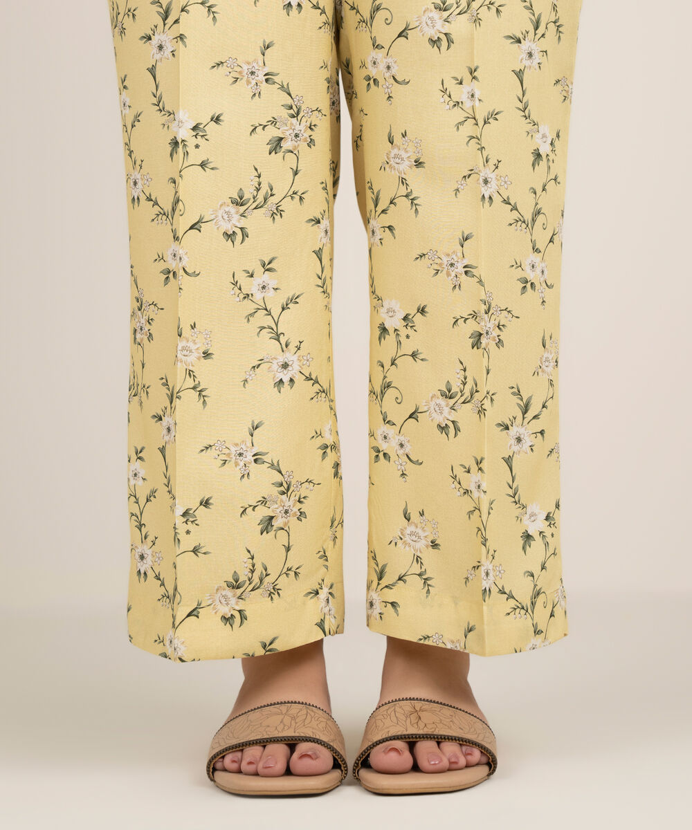 Women's RTW Arabic Cambric Printed Lime Yellow Straight Pants