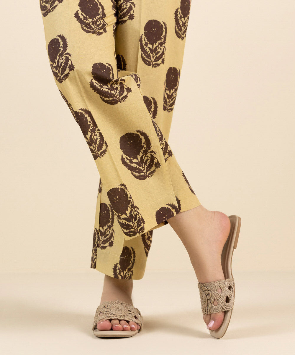 Woman - Beige Printed Cambric Straight Pants