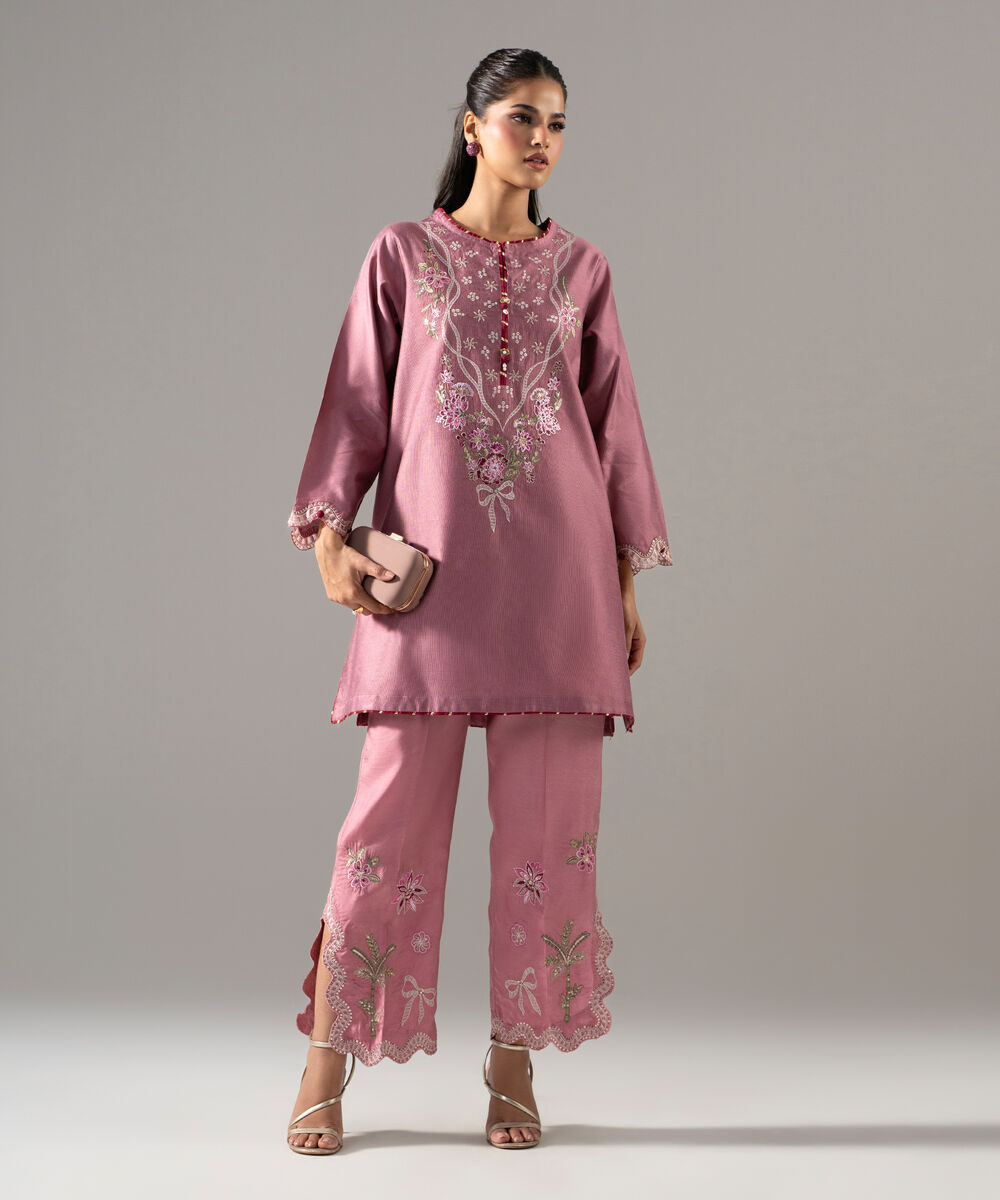 Women's RTW Cotton Net Solid Embroidered Pink 2 Piece Suit