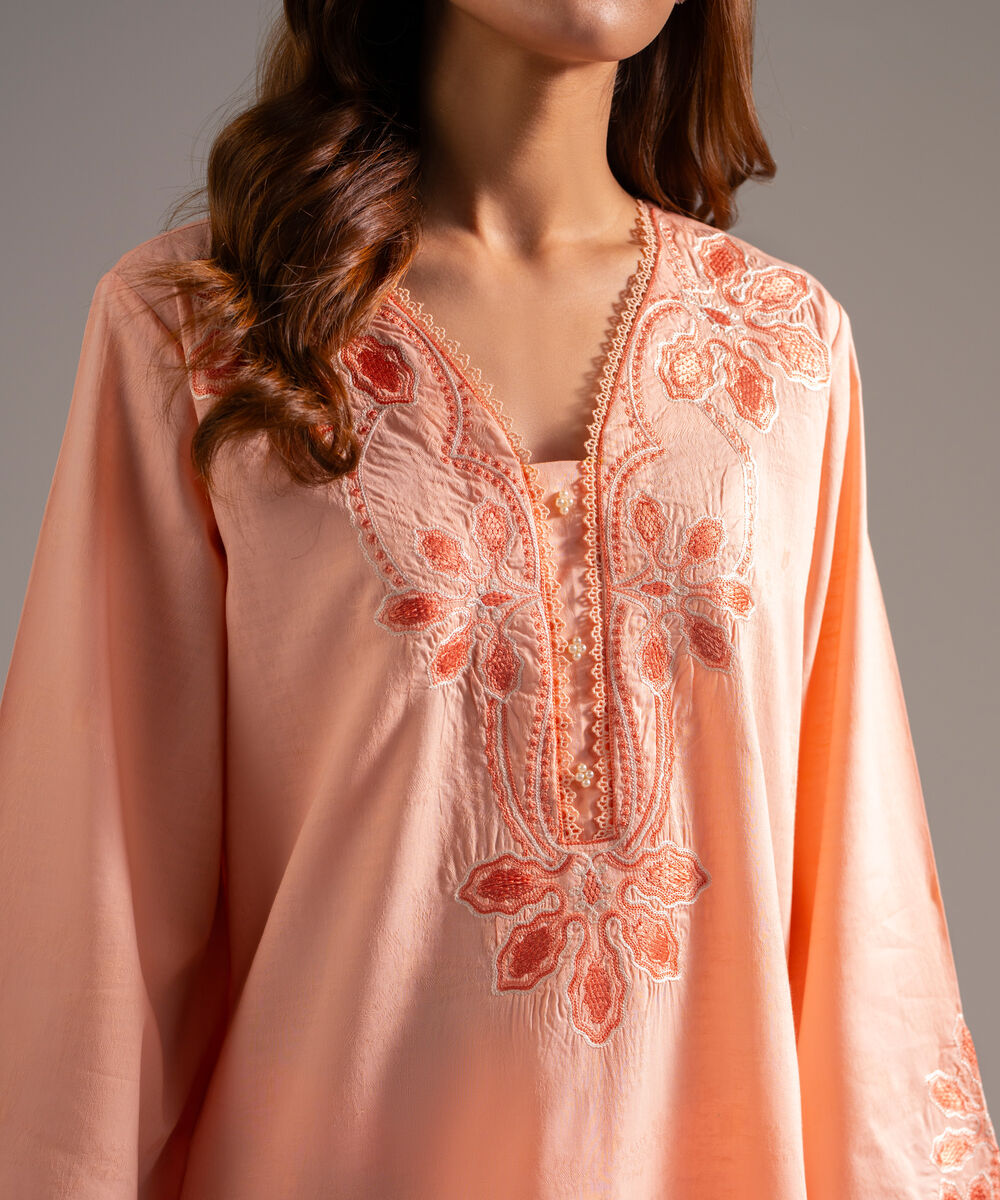 Women's RTW Self Jacquard Embroidered Peach 2 Piece Suit