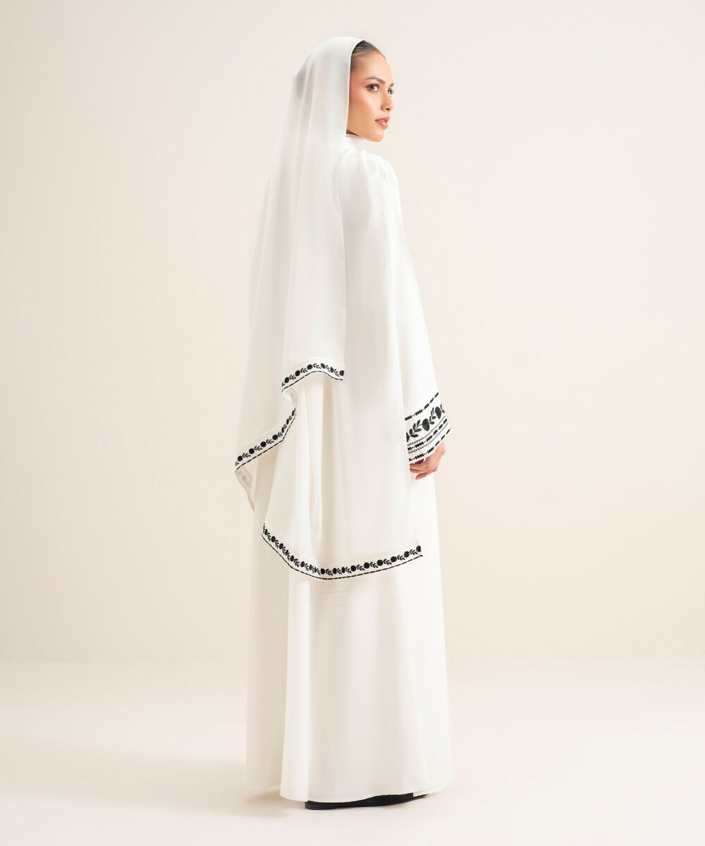 Women's White Color Block Embroiderd Abbaya Set