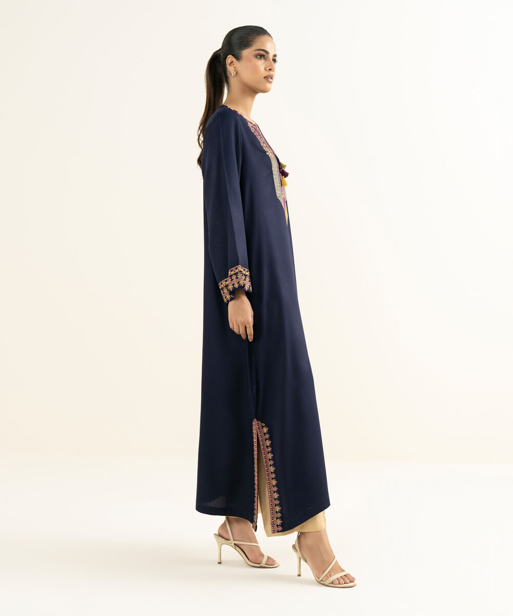 Women's RTW Linen Viscose Embroidered Blue Straight Shirt