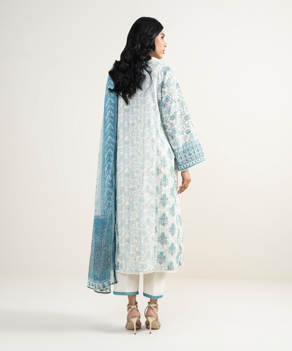 Women's RTW Cotton Embroidered Blue 3 Piece Suit