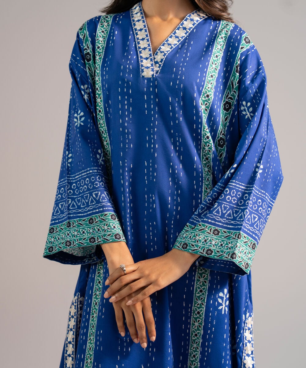 Women's RTW Lawn Embroidered Dark Blue Drop Shoulder Shirt