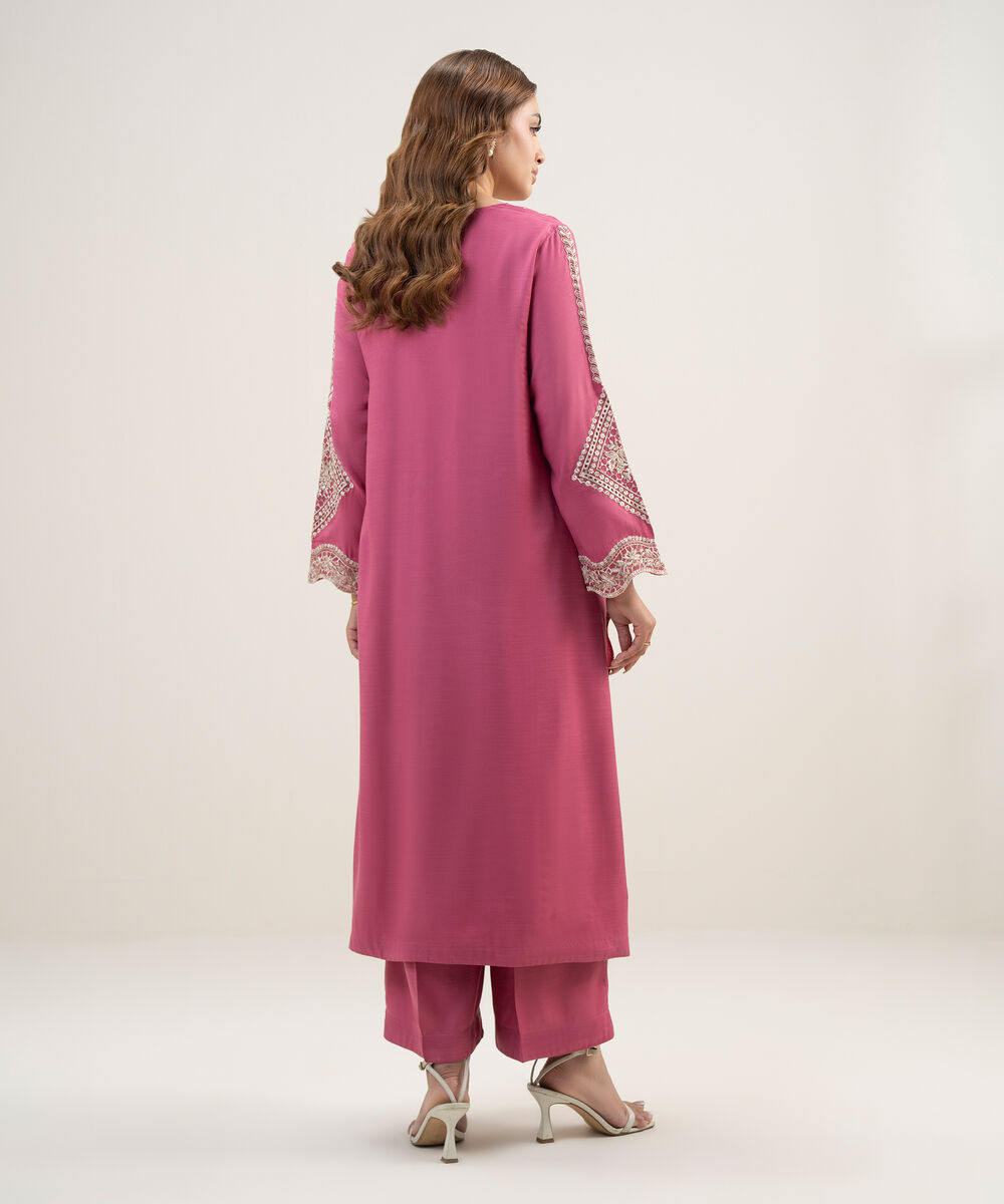Women's RTW Viscose Raw Silk Embroidered Pink 2 Piece Suit