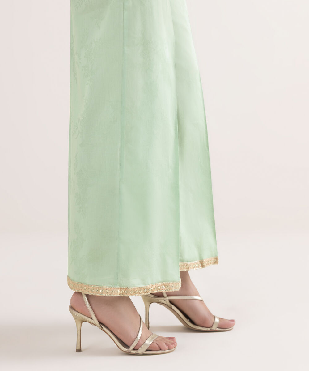 Women's RTW Self Jacquard Leno Embroidered Mint Green Flared Pants