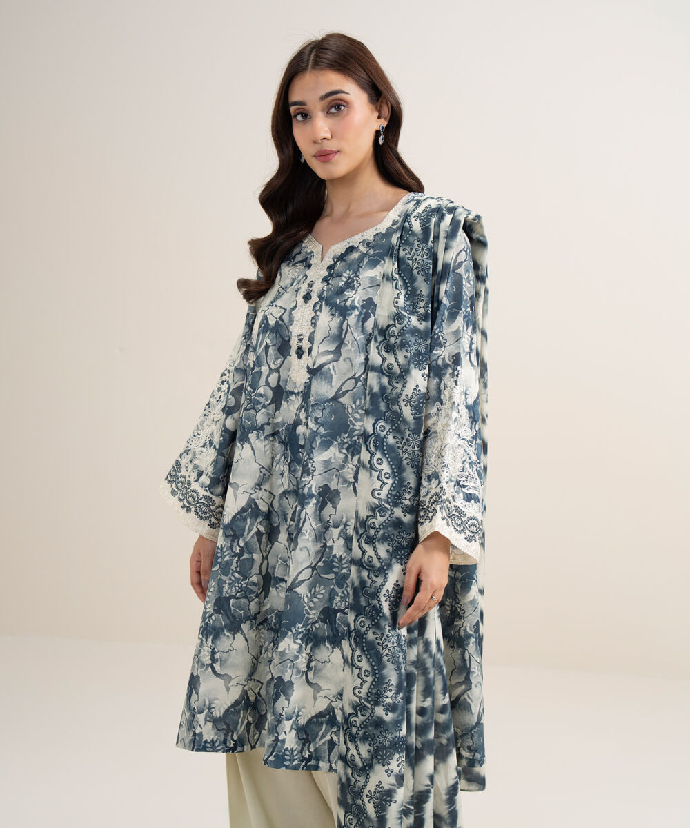 Women's Unstitched Lawn Embroidered Black and Off White 3 Piece Suit