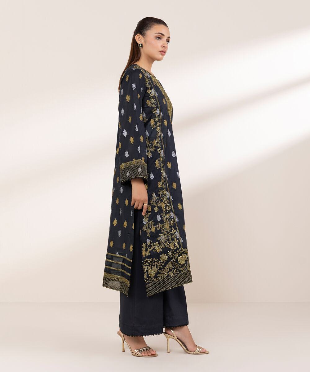 Women's RTW Lawn Black Embroidered A-Line Shirt