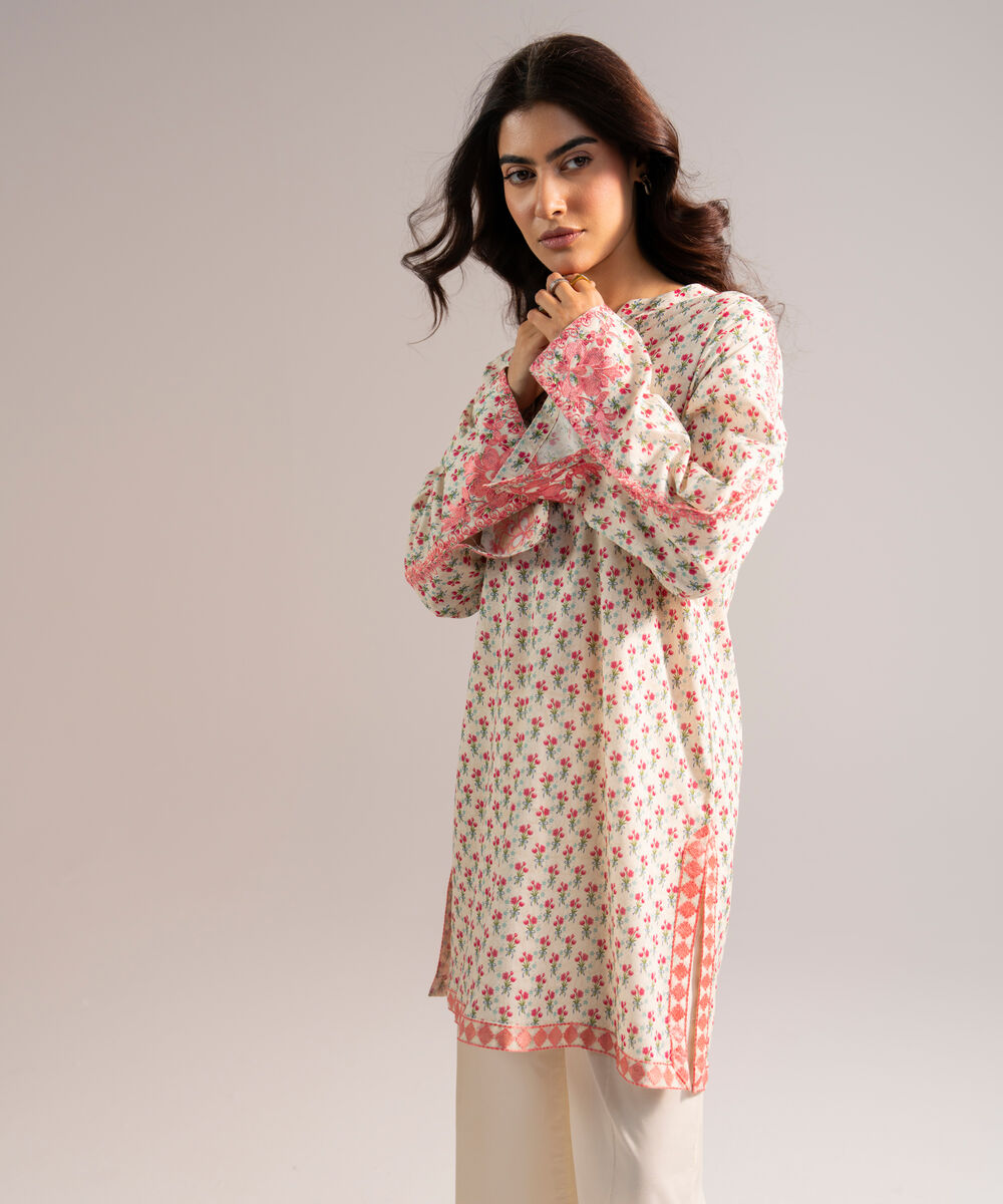 Women's RTW Lawn Embroidered Off White Straight Shirt