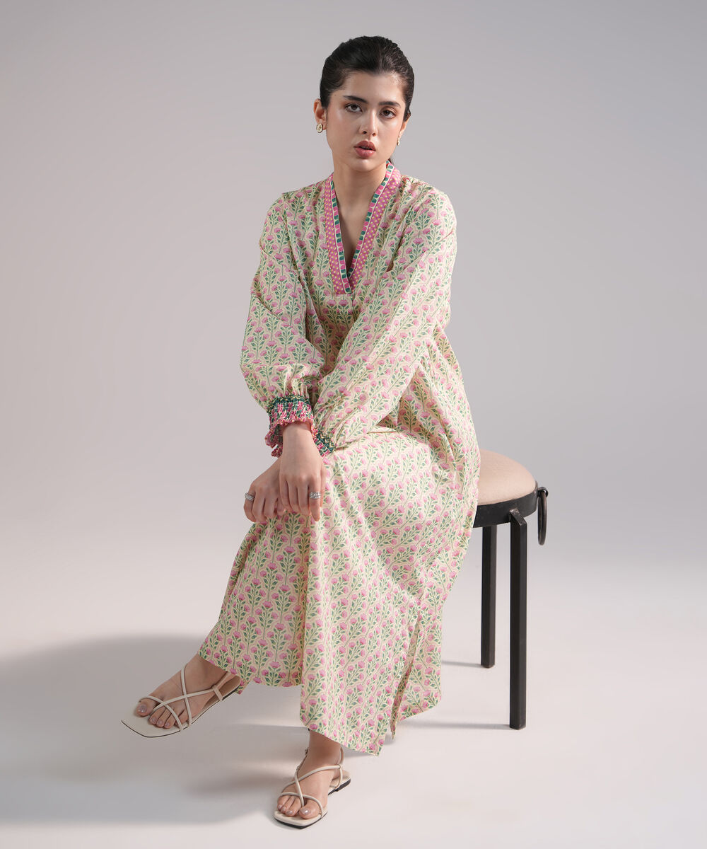 Women's RTW Slub Lawn Printed Pale Yellow Dress Shirt