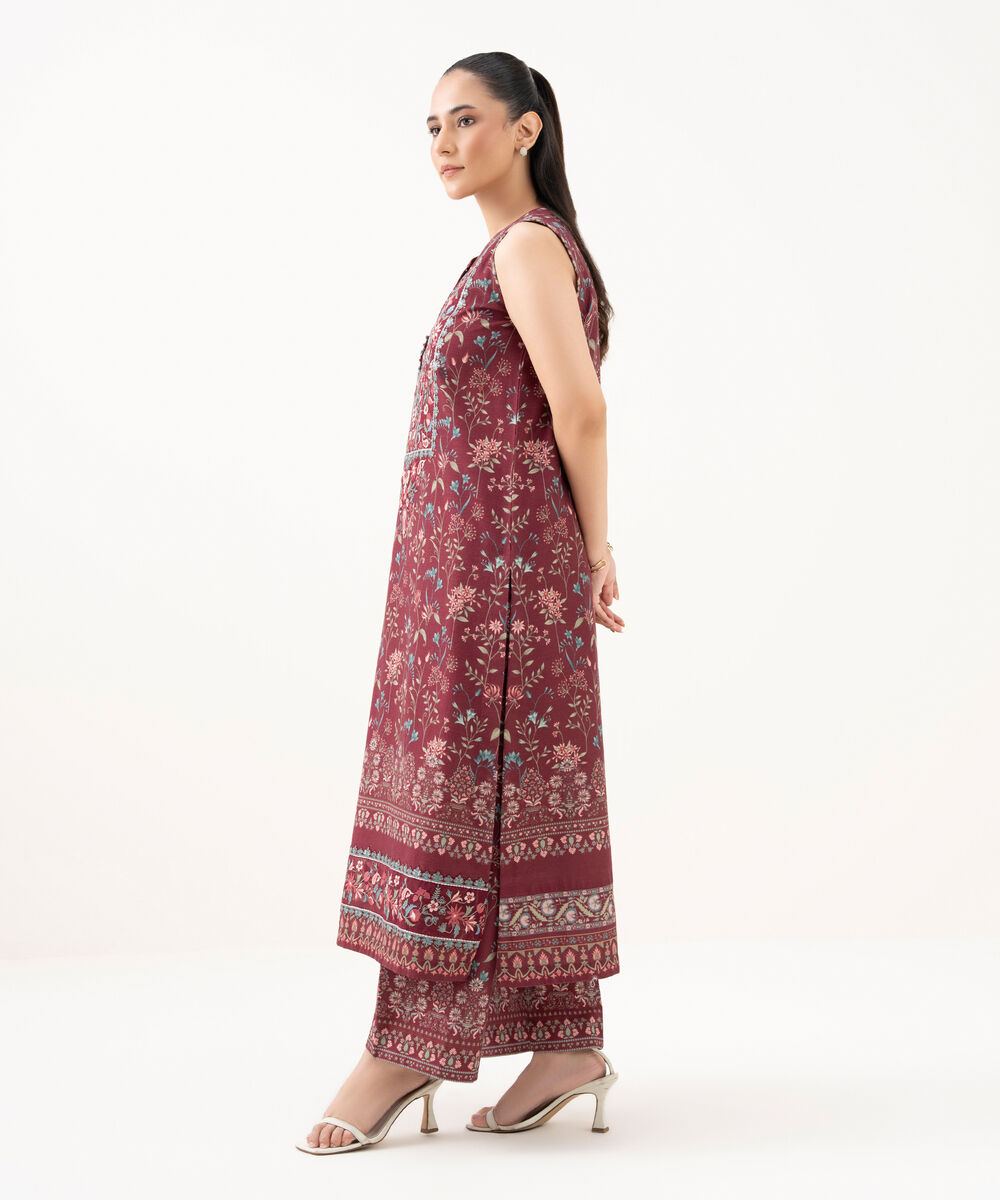 Women's Unstitched Cotton Embroidered Red 2 Piece Suit