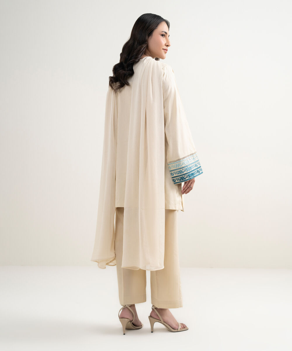 Women's RTW Self Jacquard Embroidered Beige 3 Piece Suit