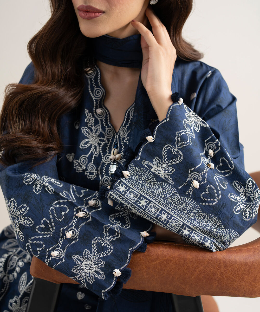 Women's Unstitched Lawn Embroidered Blue 3 Piece Suit