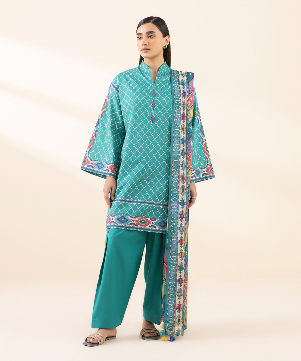 Women's Unstitched Lawn Printed Blue 3 Piece Suit