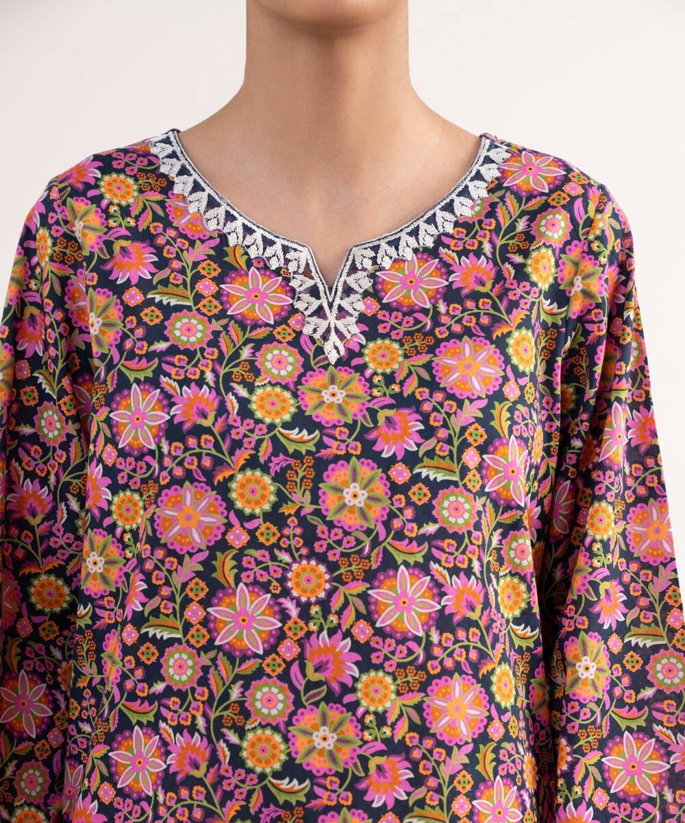 Women's RTW Textured Lawn Black Embroidered A-Line Shirt