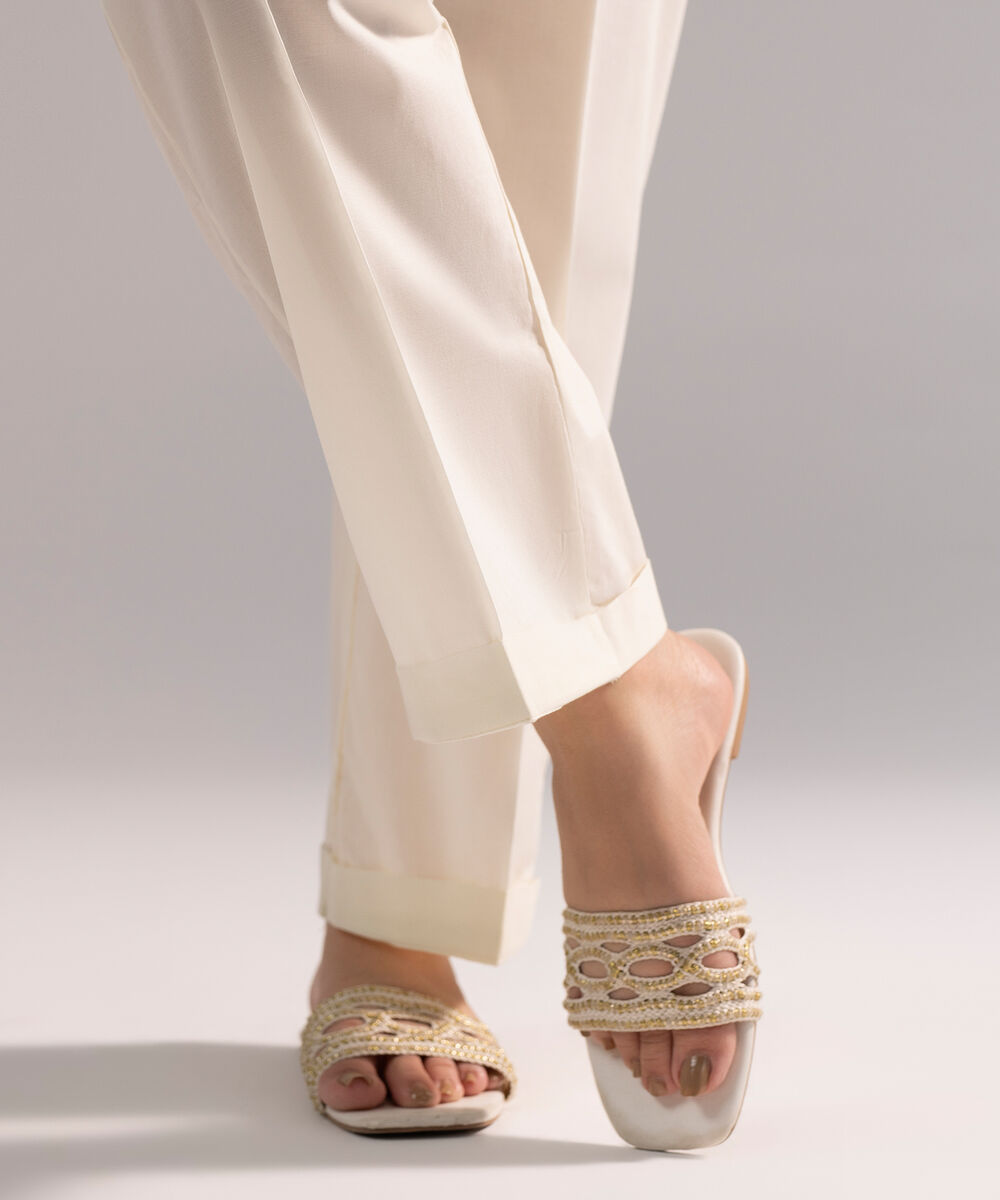 Women's RTW Cambric Solid Off White Straight Pants