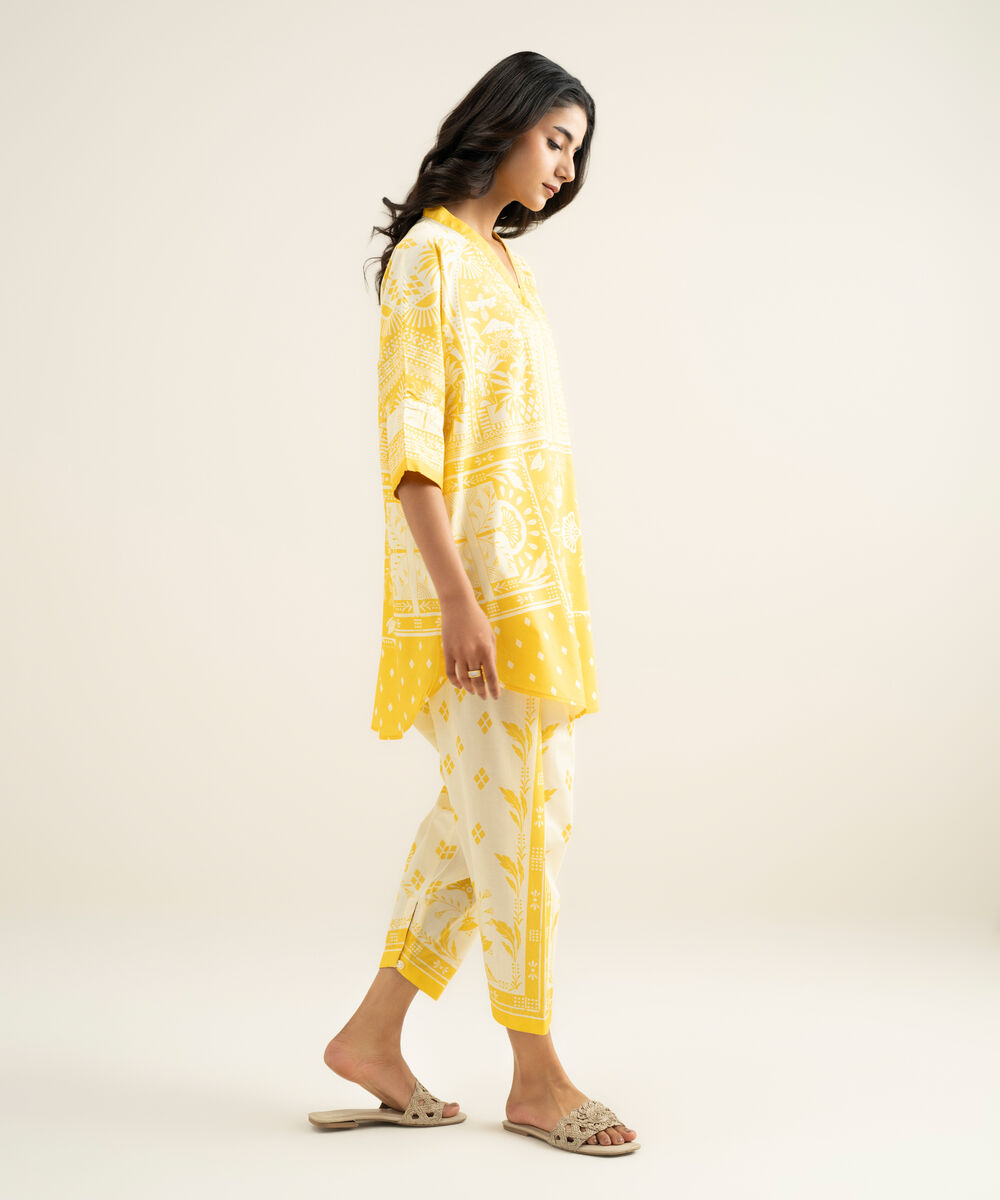 Women's RTW Cambric Printed Pale Yellow Shalwar