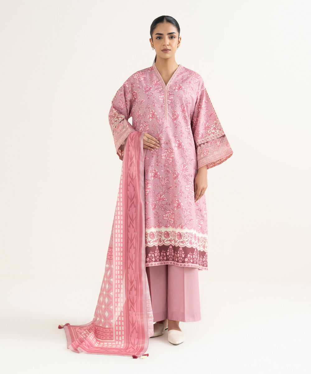 Women's Unstitched Cotton Printed Pink 3 Piece Suit