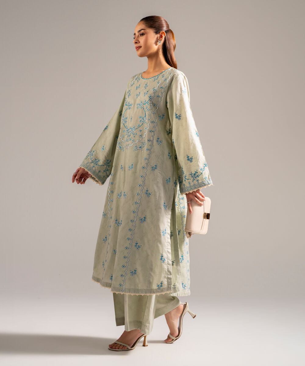 Women's RTW Self Jacquard Embroidered Green 2 Piece Suit