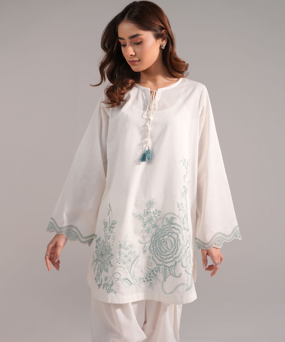 Women's RTW Crosshatch Embroidered Off White Straight Shirt