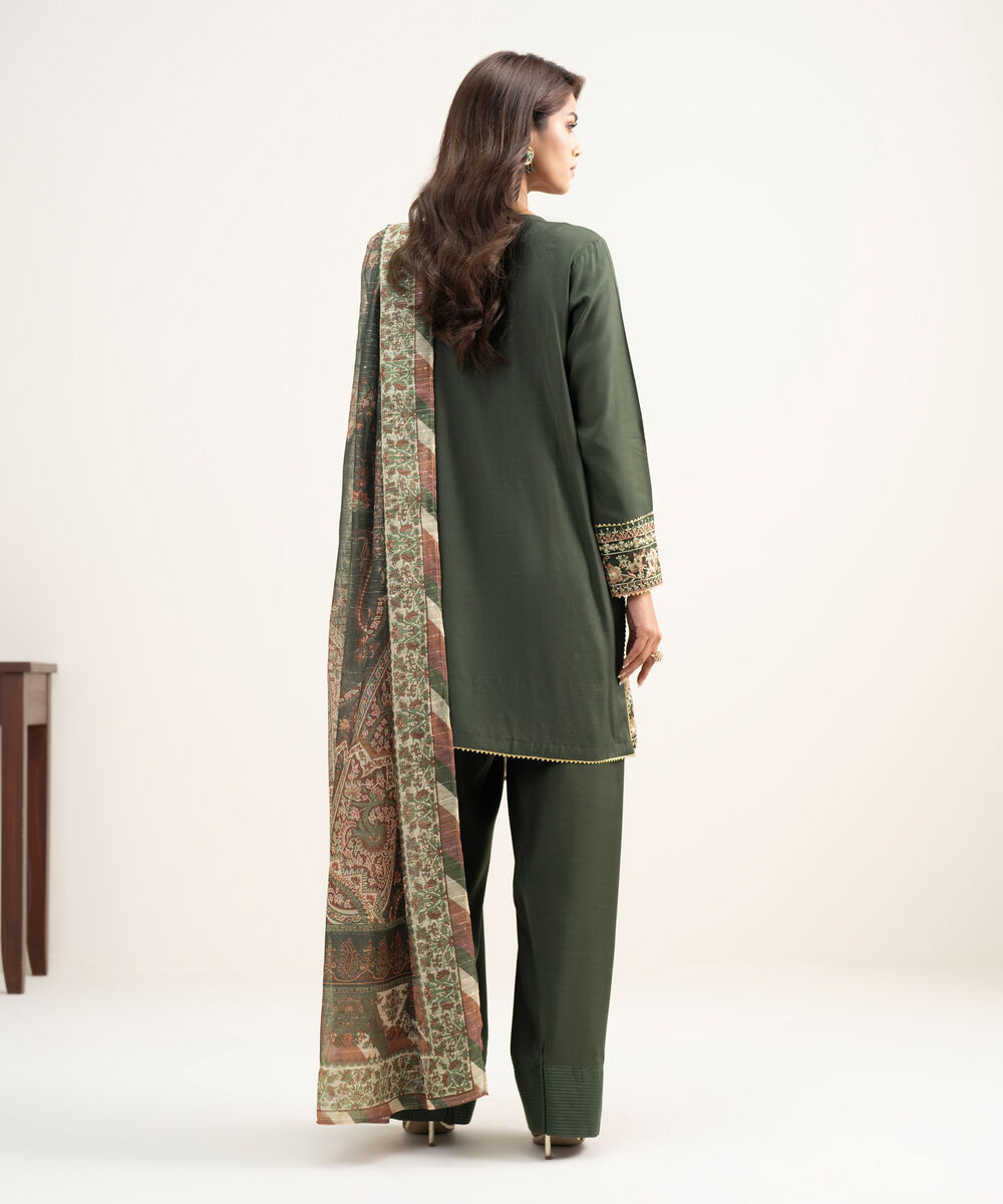 Women's RTW Viscose Raw Silk Embroidered Dark Green 3 Piece Suit