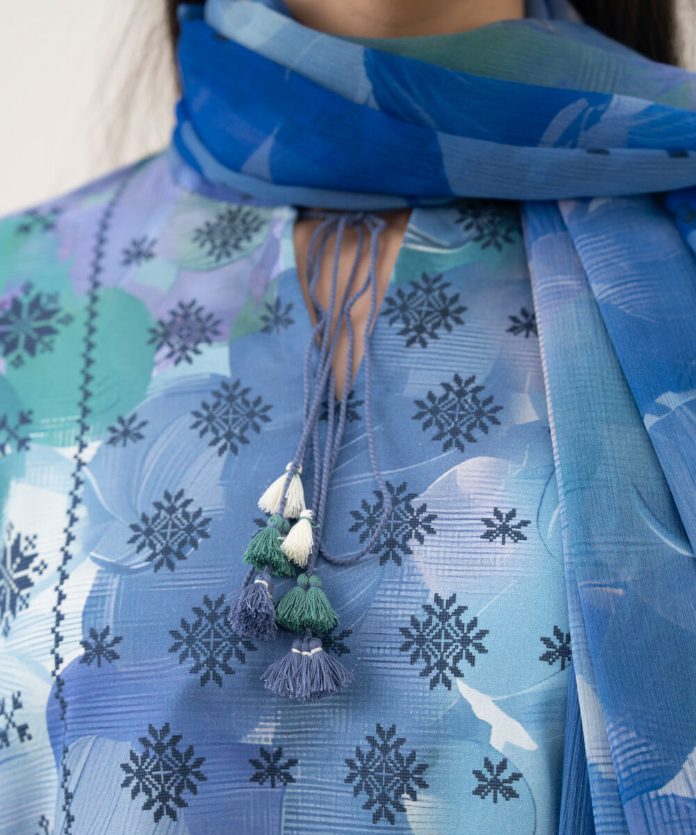 Women's Unstitched Cotton Printed Blue 2 Piece Suit