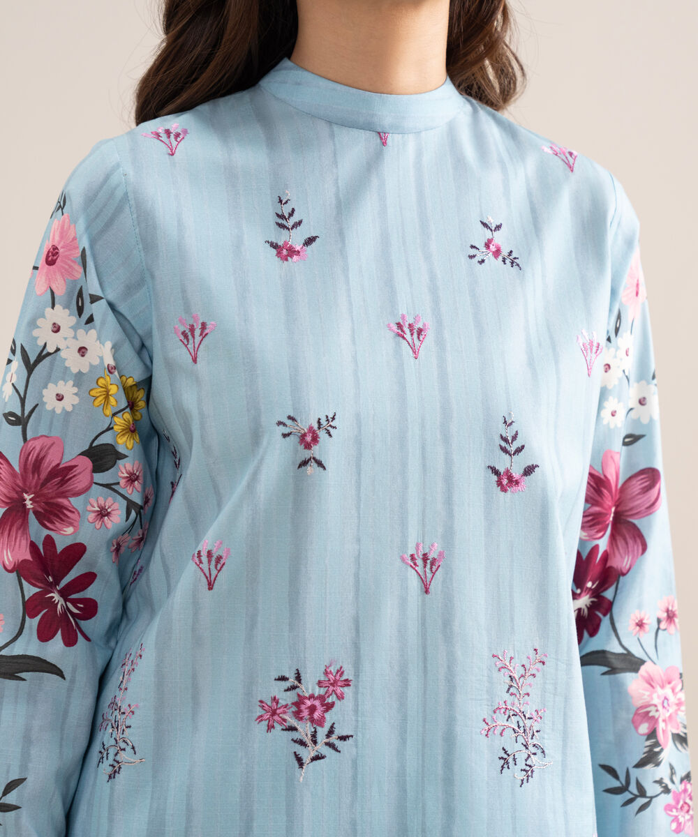 Women's Unstitched Lawn Embroidered Blue  3 Piece Suit