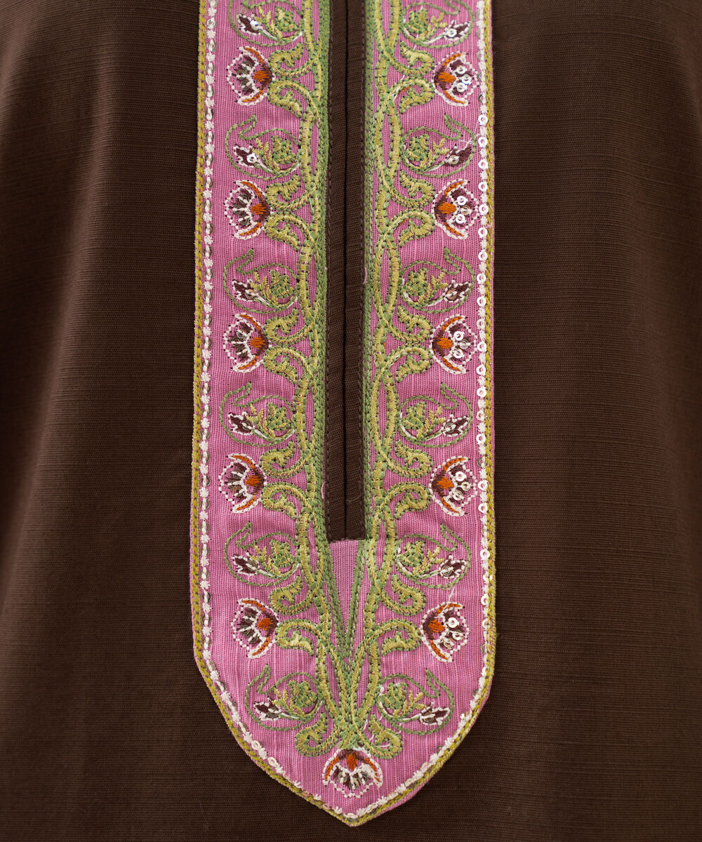 Women's RTW Cambric Embroidered Brown Straight Shirt
