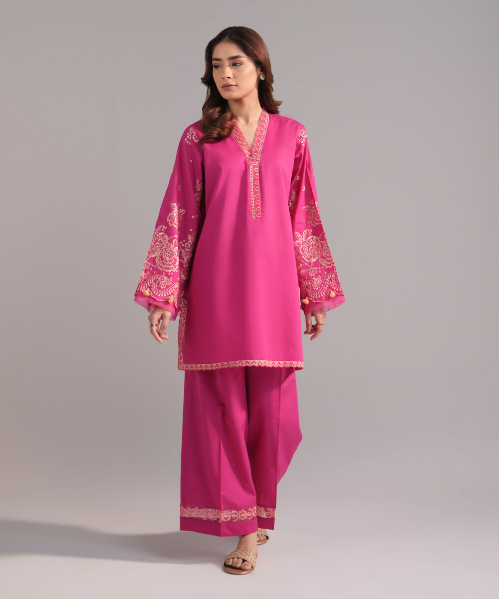 Women's RTW Crosshatch Embroidered Pink Straight Shirt