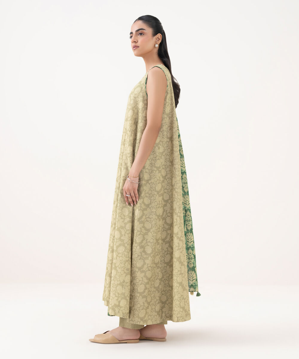 Women's Unstitched Cotton Printed Beige 3 Piece Suit