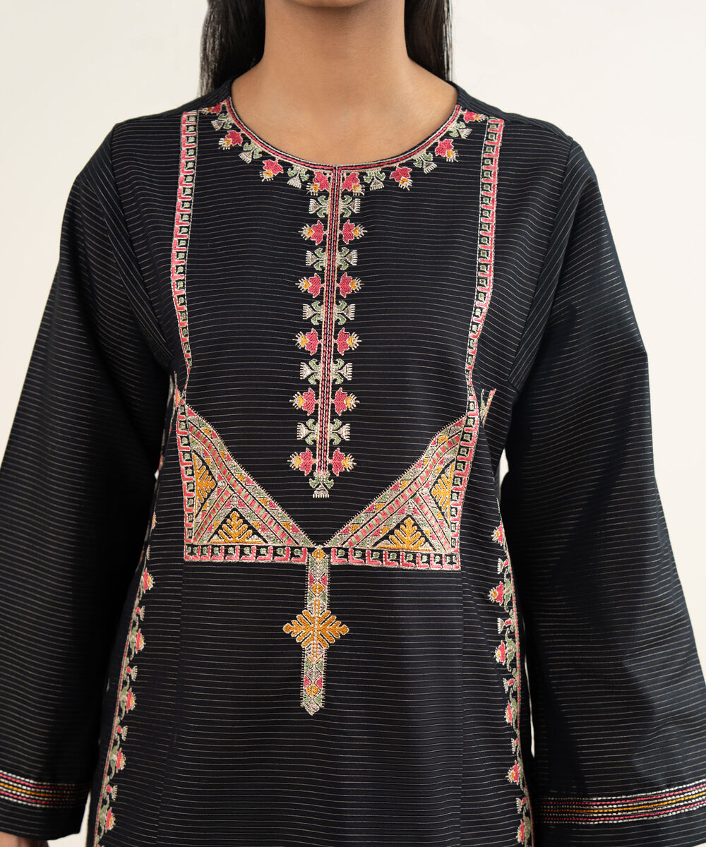 Women's RTW Light Khaddar Embroidered Black Boxy Shirt
