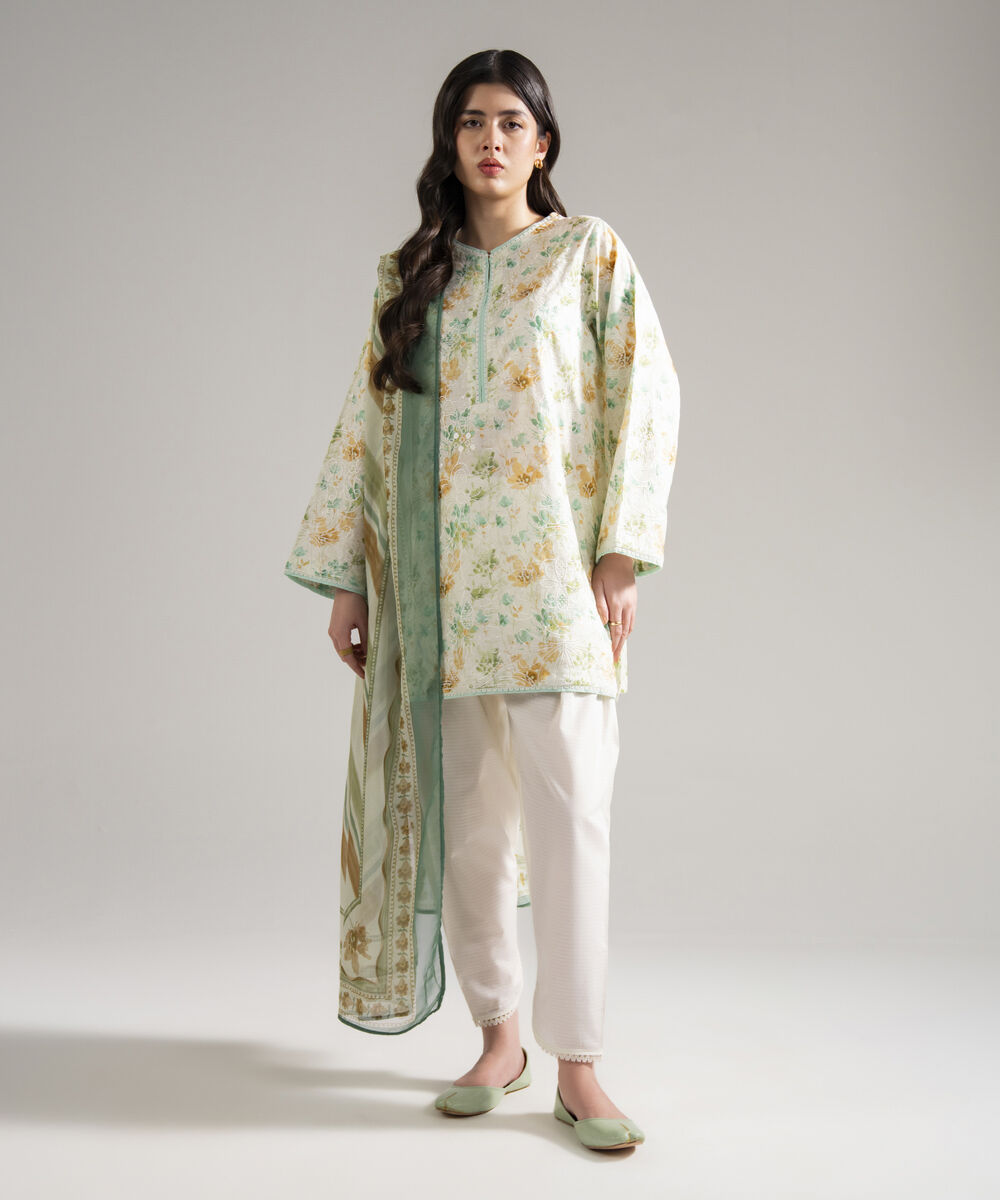 Women's RTW Dobby Embroidered Mint Green 3 Piece Suit