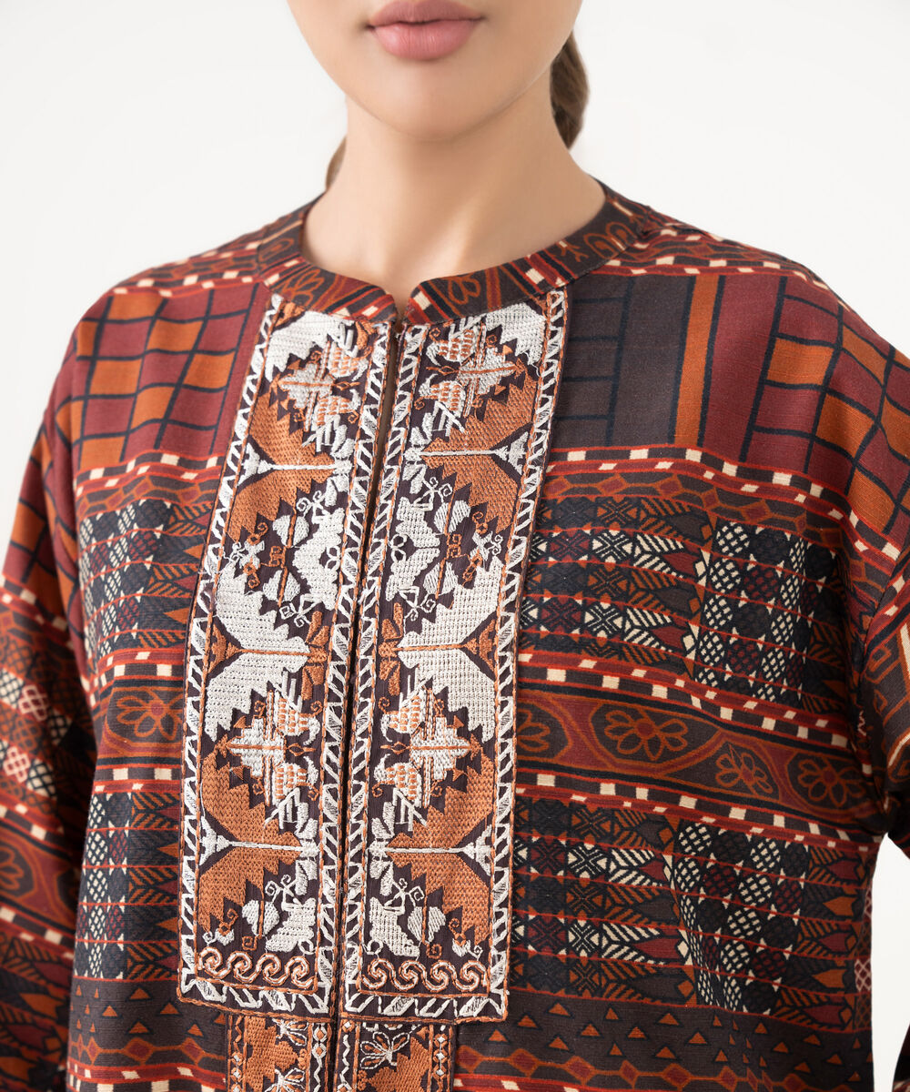 Women's RTW Cotton Embroidered Brown Drop Shoulder Shirt