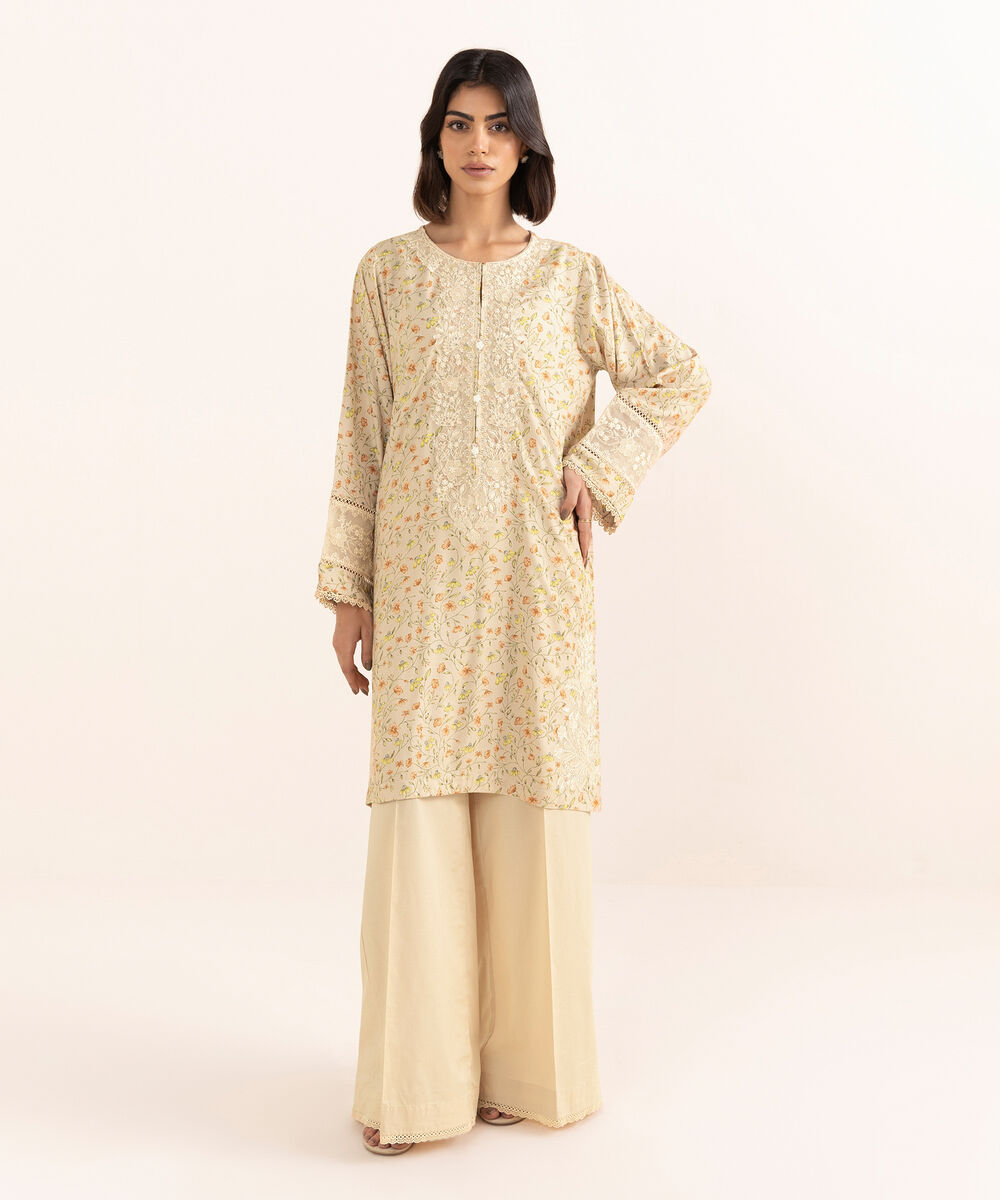 Women's RTW Arabic Lawn Beige Embroidered A-Line Shirt