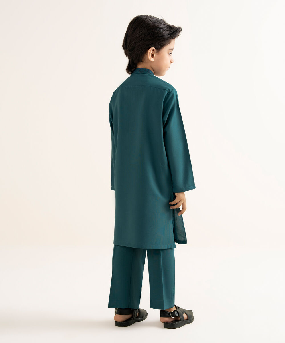 Men's Textured Wash & Wear Embroidered Blue Kurta Trouser