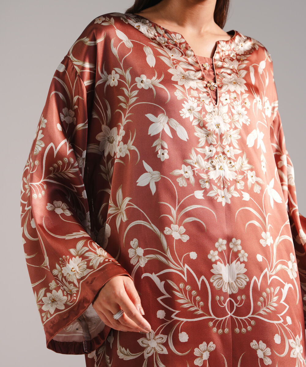 Women's RTW Blended Satin Printed Brown 2 Piece Suit