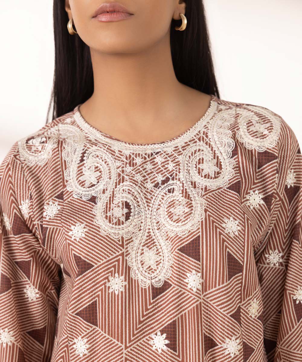 Women's RTW Lawn Brown Embroidered Boxy Shirt
