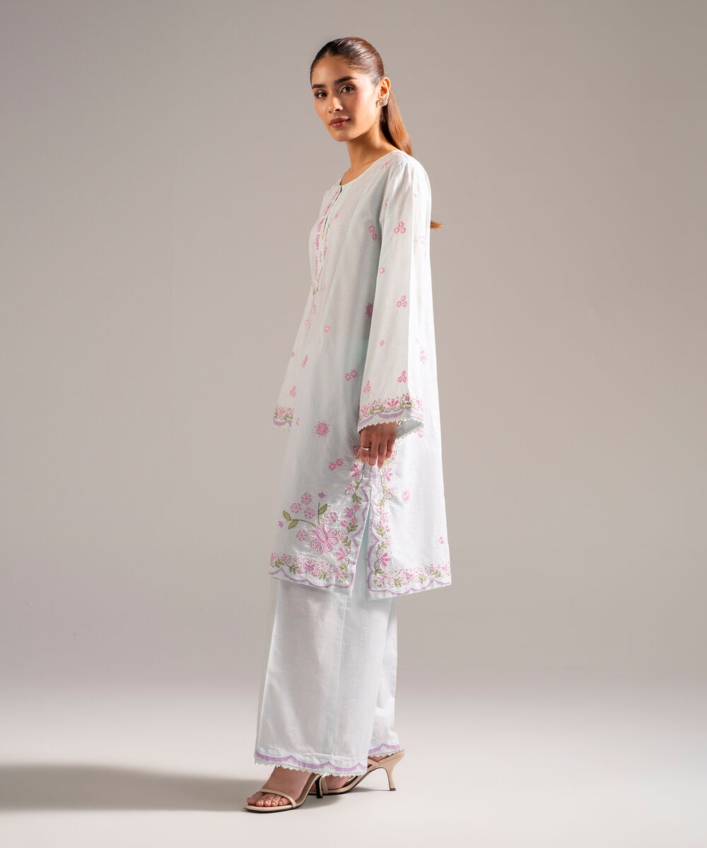 Women's RTW Self Jacquard Embroidered Light Blue 2 Piece Suit