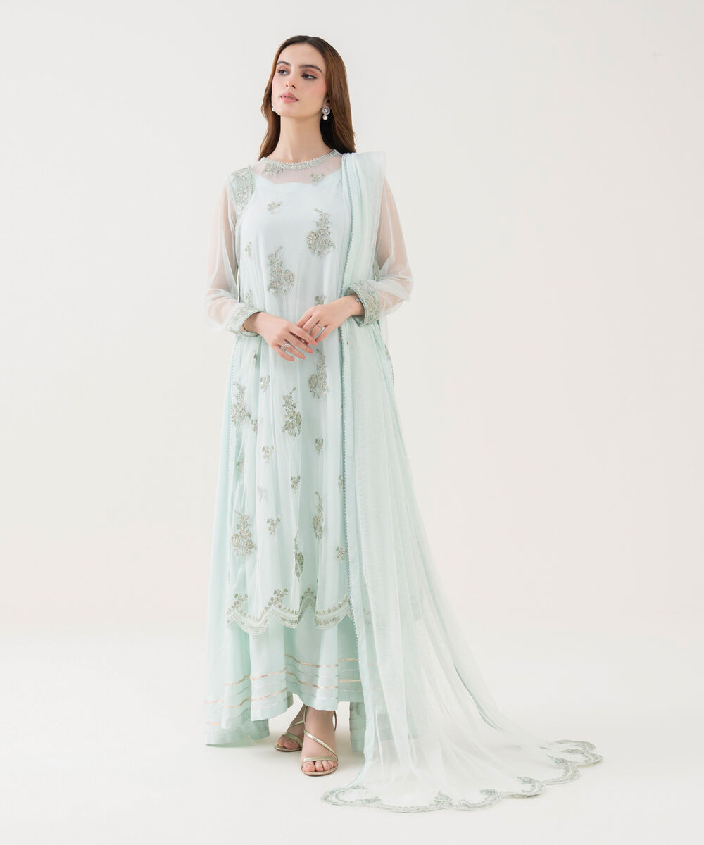 Women's RTW Blended Net Embroidered White 2 Piece Suit