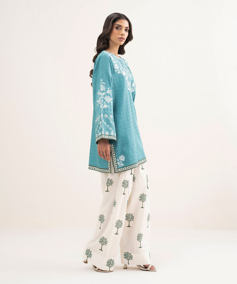 Women's RTW Dobby Embroidered Blue Straight Shirt