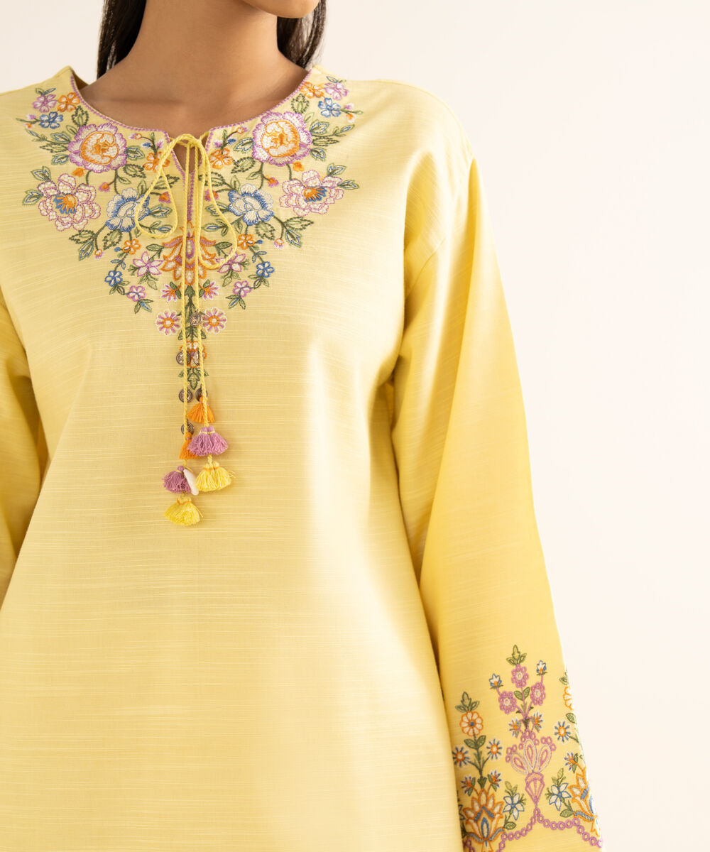 Women's Unstitched Khaddar Embroidered Yellow 3 Piece Suit