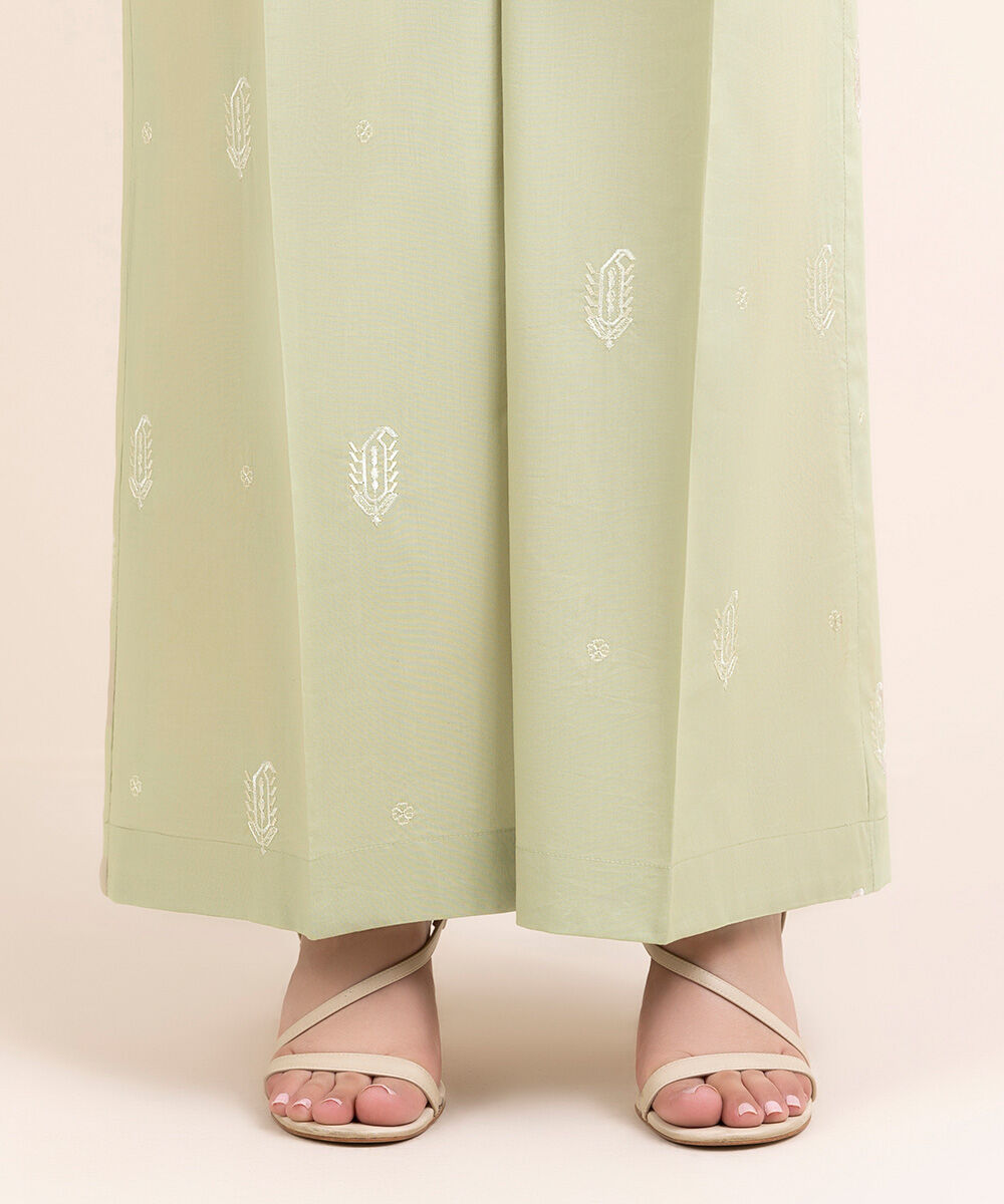 Women's Pret Cambric Green Embroidered Flared Pants