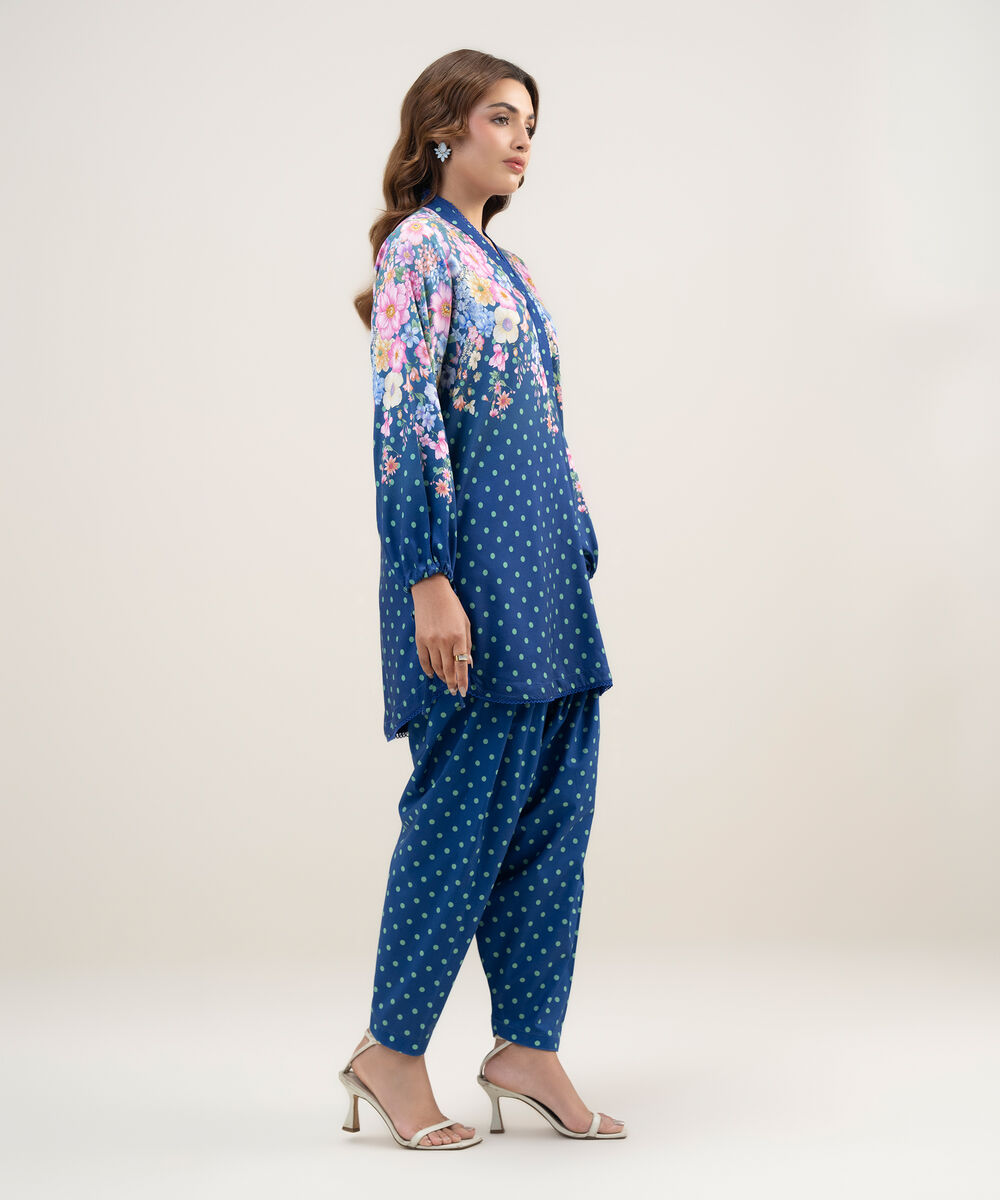 Women's RTW Dobby Printed Dark Blue 2 Piece Suit